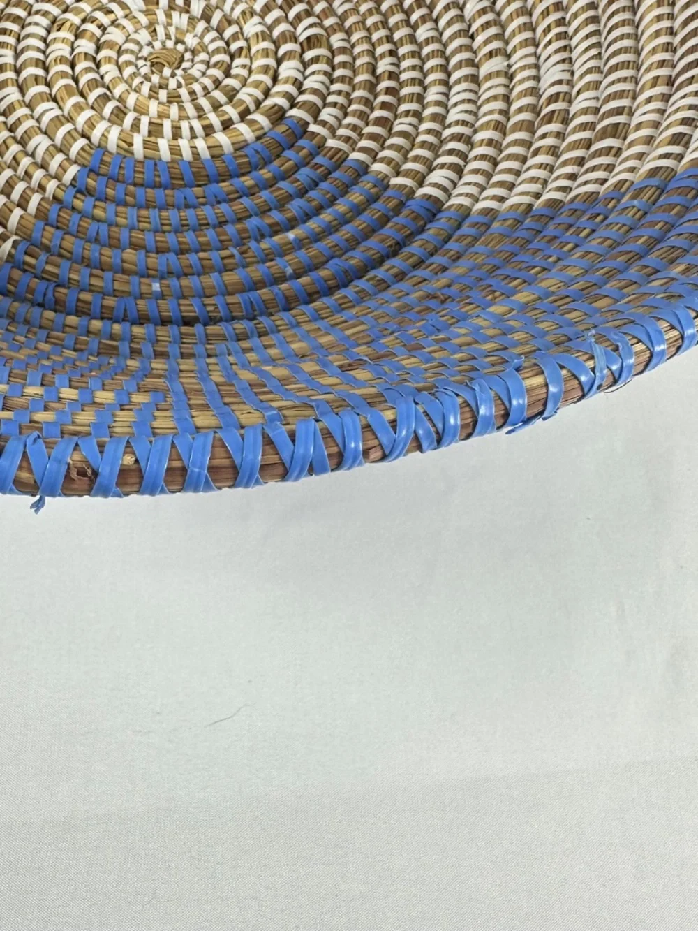 Straw & Plastic Weaved Decorative Basket/Bowl, Blue, White and Tan, Lightweight